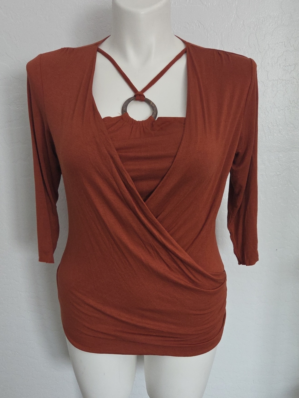Ring-Detail Faux Wrap Women's Top in Rust